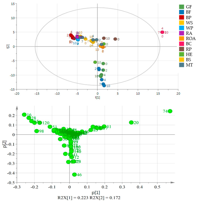Principal component analysis (PCA) and the loading plot of all analyzed oils stored at 60 °C for 0, 2, 4, 7 and 10 days. On the loading plot compounds responsible for differentiation are placed far from the plot center. 16—pentanal, 28—hexanal, 120—acetic acid, 20—3-thujene, 46—1-penten-3-ol, 51—2-heptanone, 65—2-pentyl furan, 70—1-pentanol, 74—trans-β-ocimene, 98—1-hexanol. Sample coding as in Table S3.