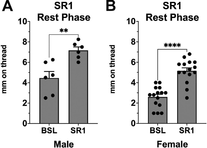 CB1 receptor antagonist increases basal tearing in males and females during the rest phase. (A, B) The CB1 antagonist SR141716 increases tearing during the sleep phase in both (A) males (n = 6) and (B) females (n = 15). **P < 0.01, ****P < 0.0001 by paired test versus baseline.