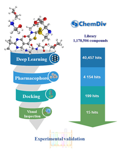Workflow of the multi-step virtual screening of the ChemDiv database targeting CB2 receptors.