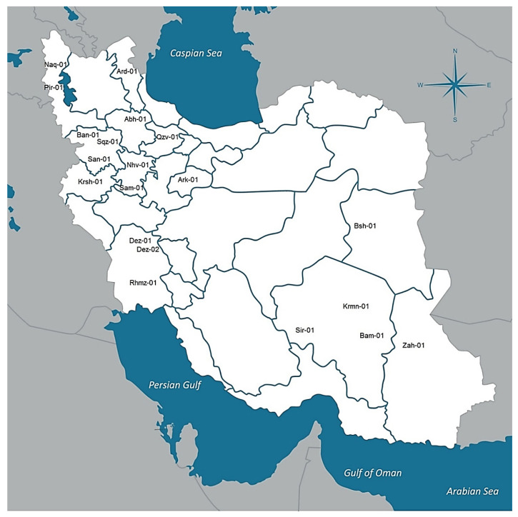 Geographical distribution of 20 distinct cannabis populations across selected regions of Iran.