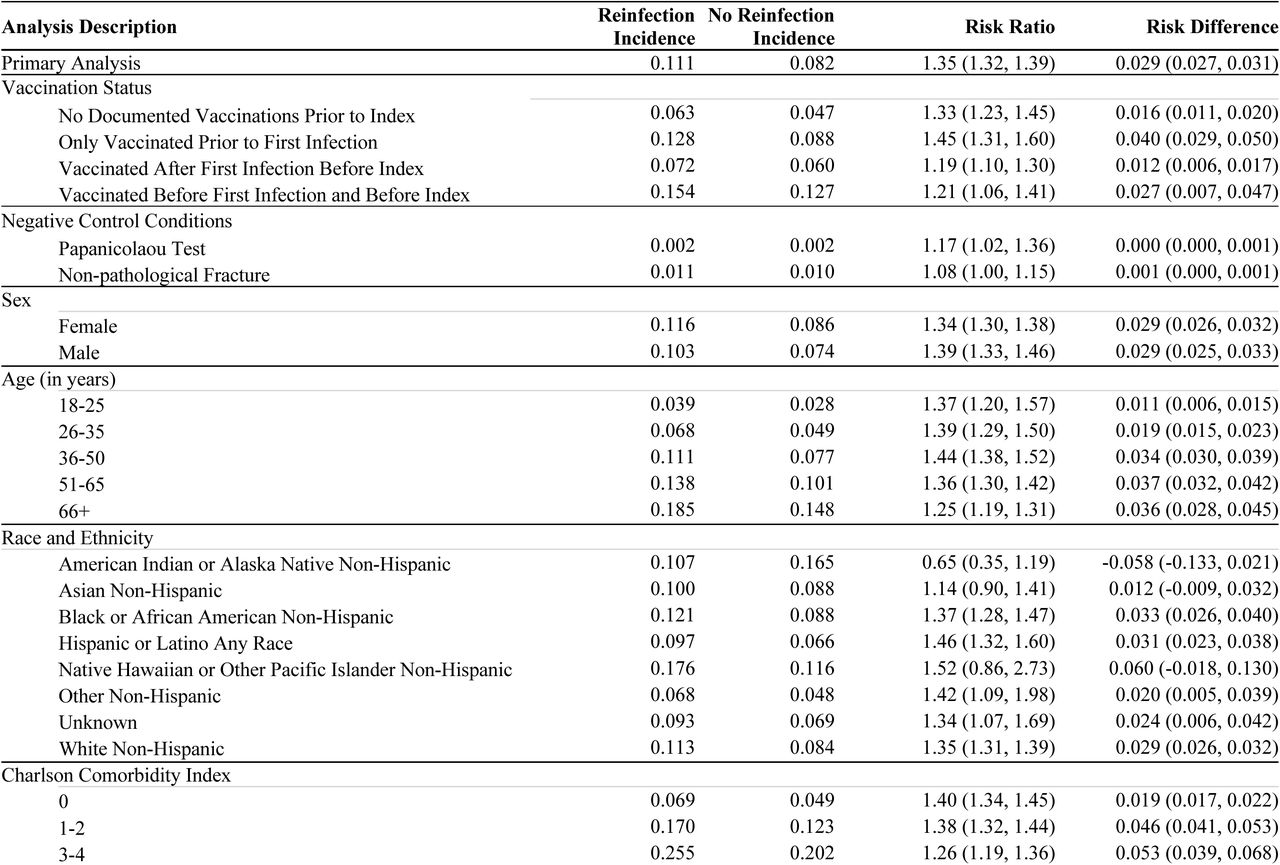 Cumulative incidence, risk ratios, and absolute risk differences for primary analysis, vaccination analysis (using the vaccination analysis cohort), negative control conditions, and stratified analysis.