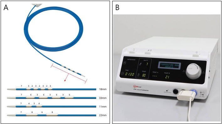 The endobiliary radiofrequency catheter (ELRA™ RF catheter, STARmed, Goyang, Korea) and power generator (VIVA Combo™; STARmed) used for endobiliary RFA (Courtesy of STARmed). (A) An endobiliary RFA catheter and the distal ends of different types of RFA catheters. Among them, the 7 ~ 10-W/22-mm type was used in this study. (B) The radiofrequency power generator and our settings.