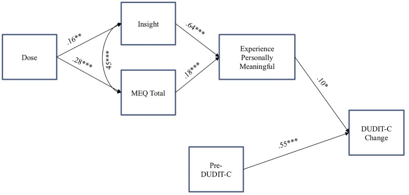 Path analysis examining predictors of substance consumption change score from pre- to post-psychedelic experience among individuals meeting criteria for risky substance use while controlling for the positive association between acute insight and mystical experiences. *p < .05; **p < .01; ***p < .001. DUDIT-C = Drug Use Disorders Identification Test—Consumption. ME, Mystical Experience Questionnaire.