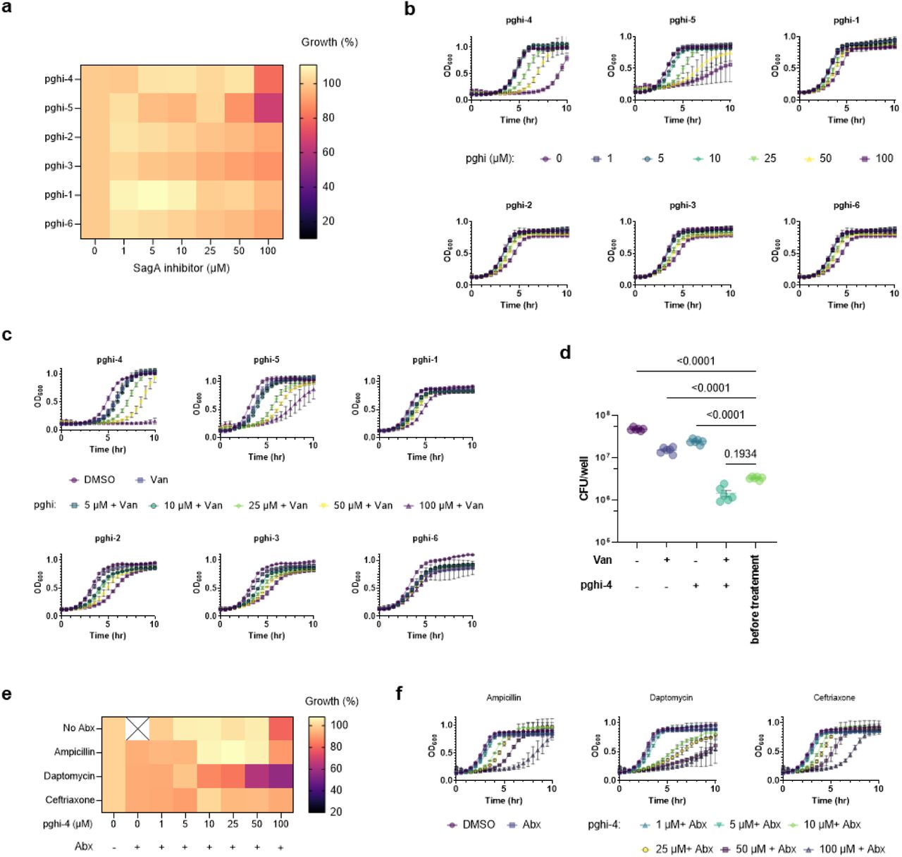 Antibacterial activity of SagA inhibitors.a, Heat map of VREfm ERV165 growth (%) in the presence of sulfonyl fluorides after 10 hours. b, Growth curves VREfm ERV165 in the presence of sulfonyl fluorides in BHI. c, Growth curves of VREfm ERV165 in the presence of pghi-4 and subinhibitory dose of vancomycin (Van, 5 μg/mL) in BHI. d, Colony-forming unit (CFU) analysis of ERV165 after treatment with pghi-4 (100 μM), vancomycin (Van, 100 μg/mL) or in combination for 18 hours. VREfm before treatment were used for comparison. Data is mean ± S.E.M. and analyzed by one-way ANOVA with uncorrected Fisher’s LSD post-test, n=3 biological replicates. e, Heat map of VREfm (ERV165) growth (%) in the presence of pghi-4 ± subinhibitory dose of ampicillin (1 µg/mL), daptomycin (4 µg/mL) or ceftriaxone (1 µg/mL) in BHI after 10 hours. Data is mean value, n=3 biological replicates. Cross indicates no data. f, Growth curves VREfm ERV165 in the presence of pghi-4 ± subinhibitory dose of ampicillin (1 µg/mL), daptomycin (4 µg/mL) or ceftriaxone (1 µg/mL) in BHI. For a, e, data are a heat map of mean values, n=3 biological replicates. For b, c and f, data are mean ± S.D., n=3 biological replicates.