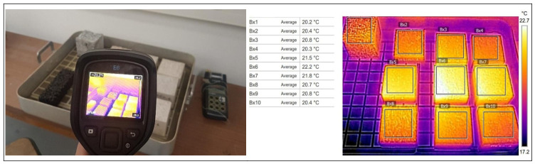 Experimental setup and a representative thermal image of the samples tested.