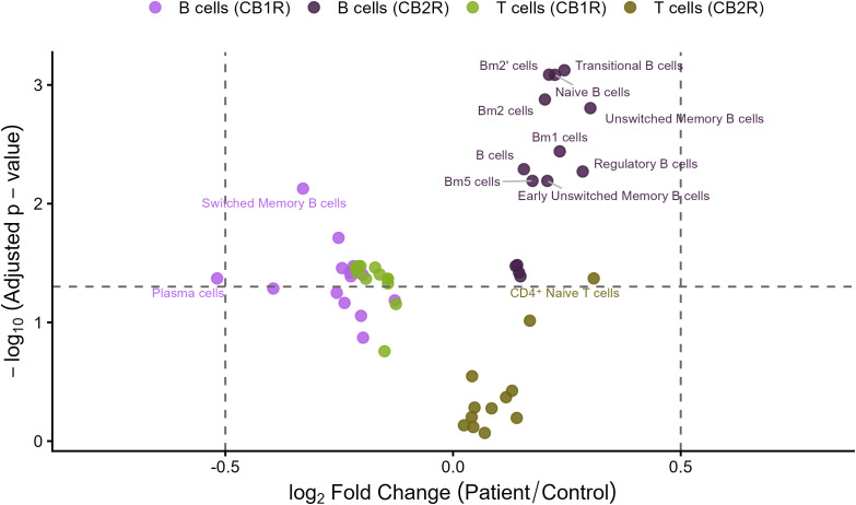 Scatter plot comparing log2 fold change (patient/control) on the x-axis and negative log10 adjusted p-value on the y-axis for B and T cell subpopulations. Data points are color-coded by cell type and receptor: lavender for B cells (CB1R), dark purple for B cells (CB2R), olive green for T cells (CB1R), and brown for T cells (CB2R). Labeled points include Switched Memory B cells, Plasma cells, Transitional B cells, Naive B cells, Unswitched Memory B cells, Regulatory B cells, Early Unswitched Memory B cells, Bm1, Bm2, Bm2 prime, and Bm5 cells along with CD4+ Naive T cells. Dashed lines indicate fold-change and significance thresholds.