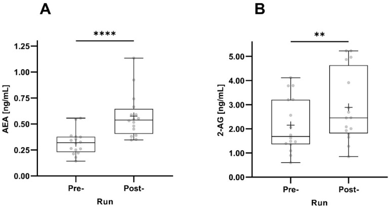 Pre- and post-run AEA (A) and 2-AG (B) concentrations taking all participants into account (n = 16). The horizontal depicts the median value; the upper and lower horizontal lines represent the interquartile range from quartile 1 to quartile 3; minimum and maximum values are marked by whiskers; circles indicate individual values; the mean value is indicated by +; **: p < 0.01; ****: p < 0.0001.