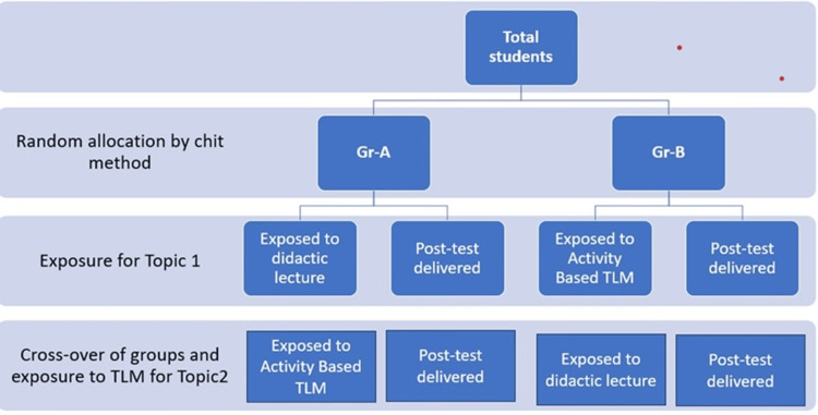 Flow chart showing the random allocation of subjects and the conduction of the two teaching-learning methods (TLM)
