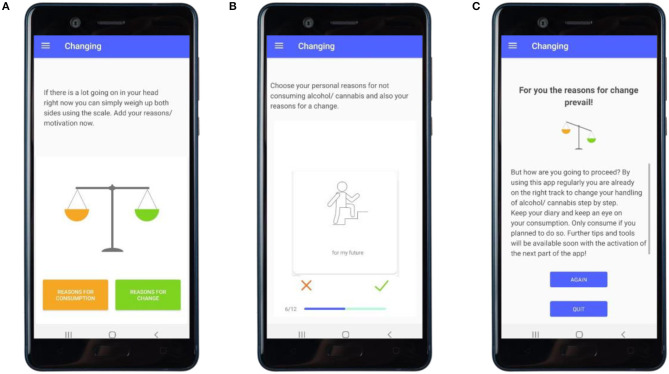 “Changing”: promoting motivation to change. (A) User has reflected on reasons for the use of substances and reasons for reducing the use of substances and starts to balance these in the motivational scale exercise. (B) User choses reasons for the use of substances and reasons for reducing the use of substances. (C) User receives feedback on personal reasons for substance use and reasons for changing one's substance use behavior.