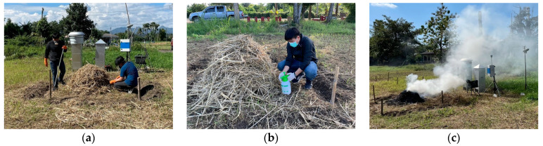 The procedure of open burning process: (a) biomass preparation, (b) pesticide spraying onto biomass, and (c) incomplete combustion and air sampling.