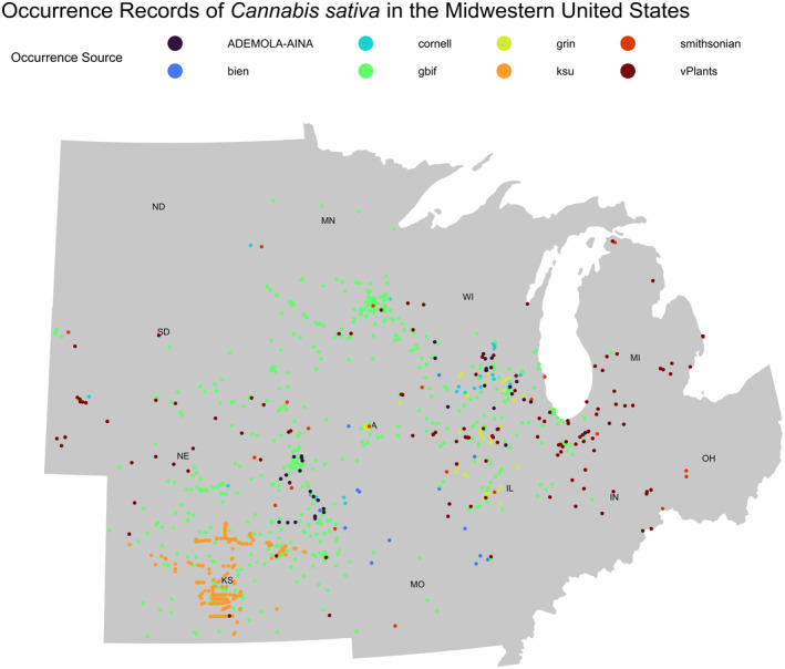Map of Cannabis sativa occurrences in the Midwestern United States.