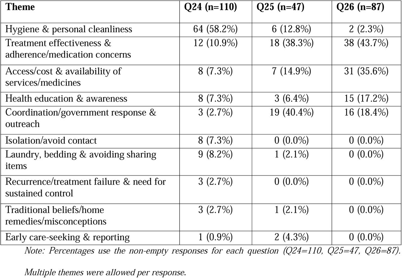 Thematic distribution of open-ended responses (multiple themes per response)