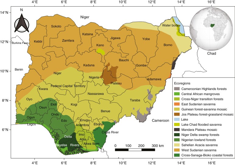 Map of Nigeria showing ecoregions. Classification follows WWF ecoregions of the world.