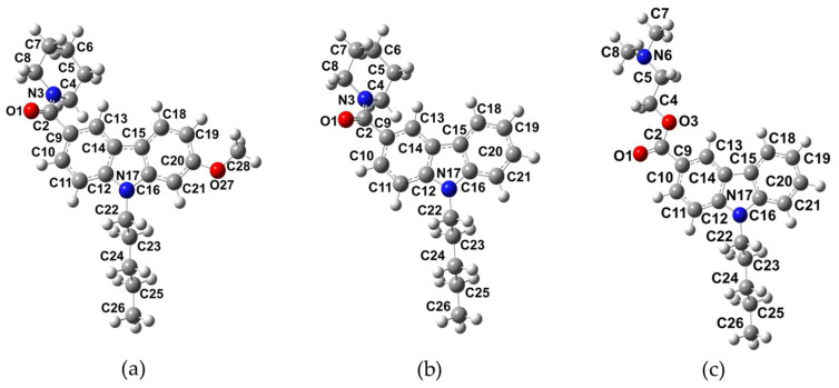 Optimized structures of NMP compounds: (a) NMP-4, (b) NMP-7, and (c) NMP-181 obtained at the BP86/cc-pVTZ level of theory using chloroform as solvent.