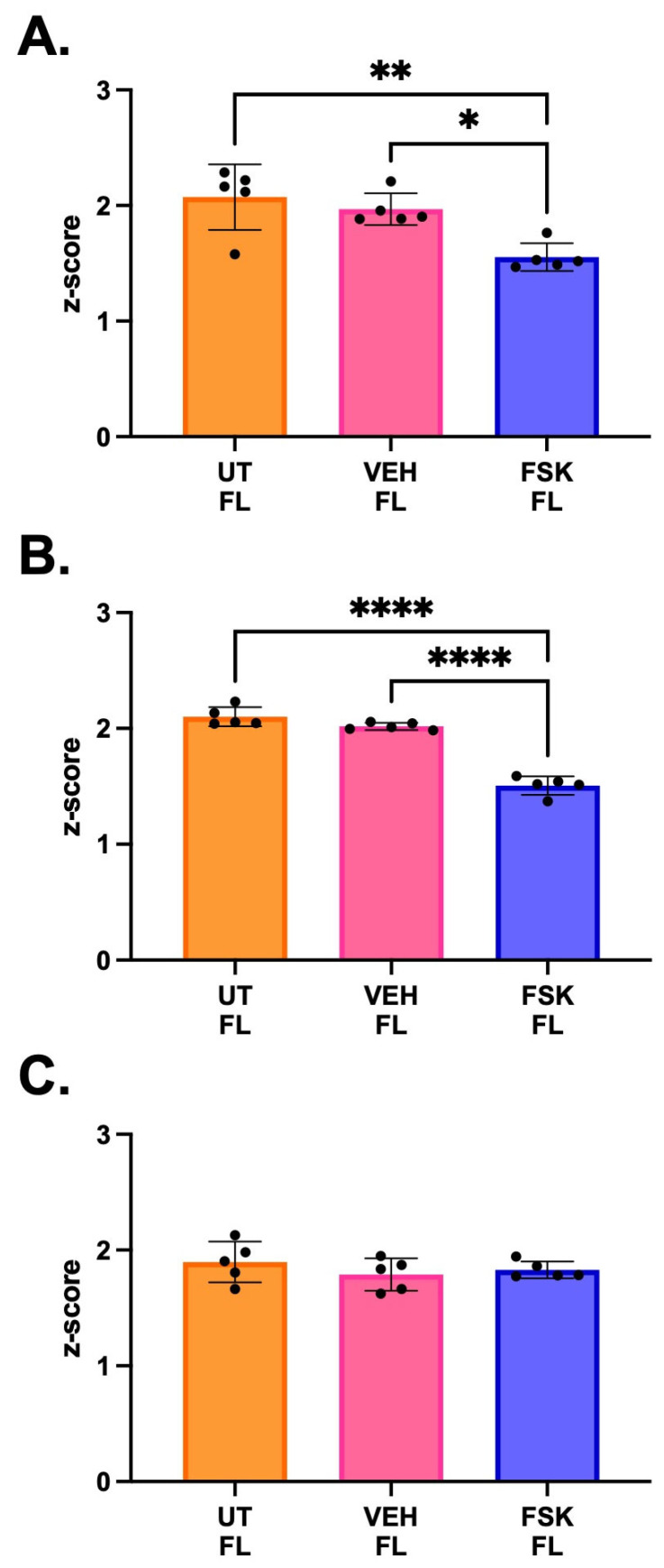 Luciferase reporter activity of full-length (FL) CNR1 promoter after forskolin (FSK) treatment. The transfected FL promoter was treated with 5 µM FSK for 24 h, and the reporter activity was measured on untreated (UT), DMSO (VEH) and forskolin (FSK) samples. FSK treatment decreased the luciferase reporter activity in HEK293T (A) and HCT116 (B) cells. Meanwhile, FSK treatment in SHSY5Y (C) cells did not show the same reduction in reporter activity, demonstrating a subtle cell-specific response to increased levels of cAMP in the transcriptional regulation of CNR1. Data are represented as z-score mean ± S.D. with individual replicates shown (N = 5). The statistical differences were evaluated by ordinary one-way ANOVA followed by Tukey’s multiple comparison test, * p < 0.05, ** p < 0.01, **** p < 0.0001.