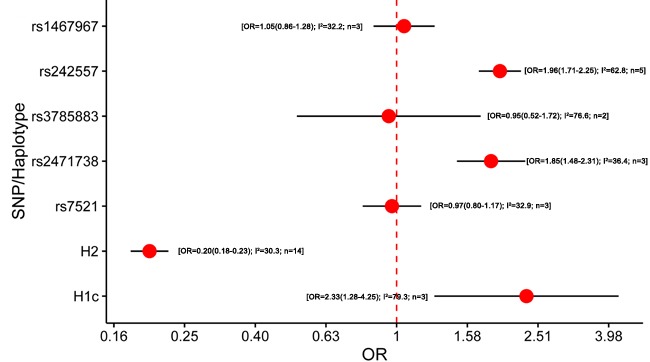Results of the meta-analysis for five htSNPs, H2 haplotype and H1c subhaplotype in progressive supranuclear palsyAbbreviations: OR, odds ratio; SNP, single nucleotide polymorphism; I2, the heterogeneity calculated by the Cochran Q test; n, the number of included studies.