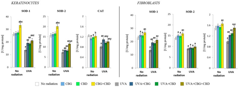 Effects of cannabigerol (CBG) (1 µM) or/and cannabidiol (CBD) (5 µM) on superoxide dismutase (SOD-1 and SOD-2) and catalase (CAT) activity in keratinocytes and fibroblasts exposed to UVA radiation (30 J/cm2 and 20 J/cm2), respectively. The mean values ± SD of five independent experiments are presented. The statistically significant differences in keratinocytes and fibroblasts are expressed as follows: a—indicates a comparison to the control group; p ≤ 0.05; b—indicates a comparison to the CBG group; p ≤ 0.05; c—indicates a comparison to the CBD group; p ≤ 0.05; x—indicates a comparison to the UVA radiation; p ≤ 0.05; y—indicates a comparison to the UVA+CBG (only in UVA part); p ≤ 0.05; z—indicates a comparison to the UVA+CBD; p ≤ 0.05.