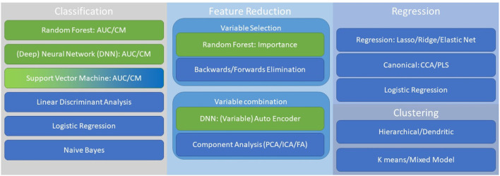 This is a non-comprehensive guide to important approaches when considering multimodal biomarkers. Key approaches include, classification, feature reduction, regression, and clustering. Linear (blue) and non-linear (green) approaches are highlighted, although ranking order and other transformations can be adapted across methodology.