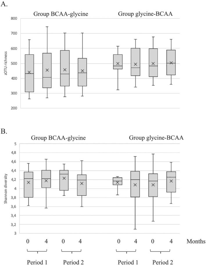 Alpha diversity of faecal bacterial communities. The dataset was rarefied to 41 500 reads prior to calculating (A) zero‐radius operational taxonomic unit (zOTU) richness and (B) Shannon diversity index; 0 and 4 indicate the sampling month. BCAA, branched‐chain amino acid.