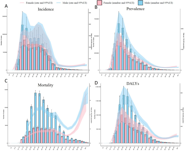 Four bar charts labeled A to D depict data on health metrics across different age groups for males and females. Chart A shows incidence rates, chart B shows prevalence, chart C shows mortality, and chart D depicts disability-adjusted life years (DALYs). Each chart displays male and female data in blue and pink, respectively, with error bars indicating uncertainty. All charts show a peak in younger age groups, gradually declining with age.