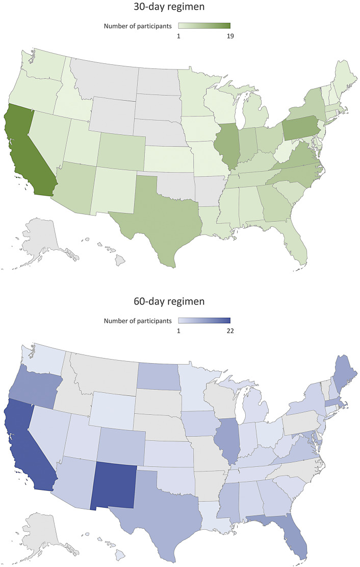 Participant locations based on US state of reported residence. Top = 30-day regimen. Bottom = 60-day regimen. Images created with Bing, © GeoNames, Microsoft, TomTom.