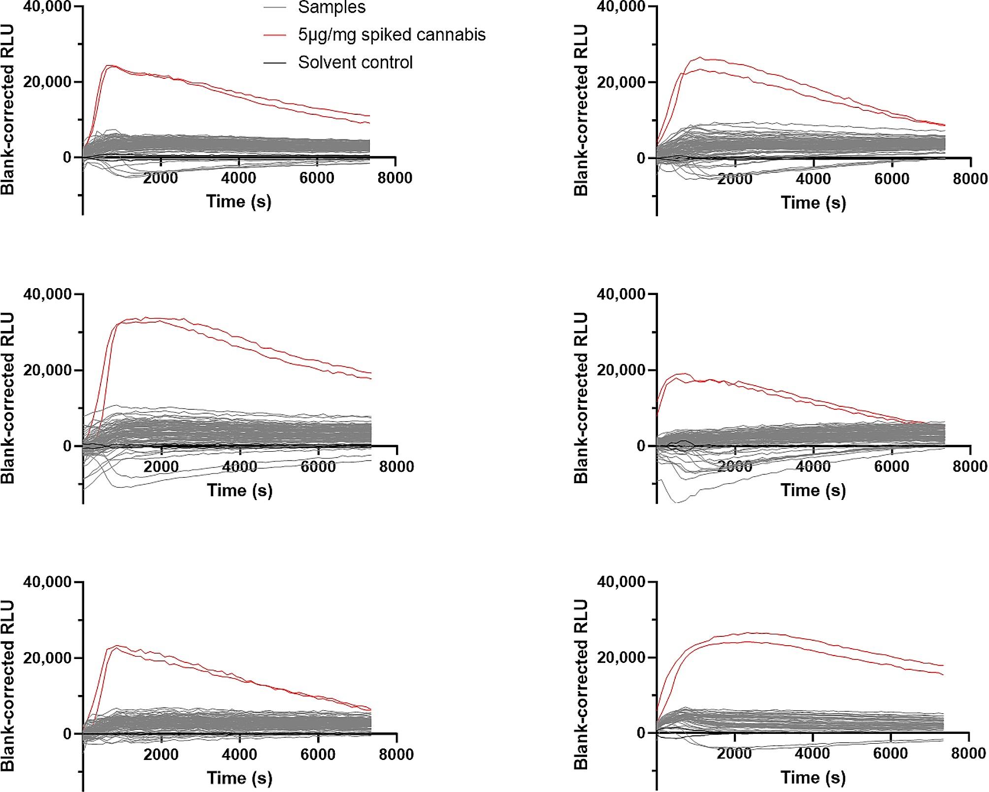 Outcome of the CB1 analyses performed on a large set (n = 252) of confiscated herbal materials. Samples (grey) were compared to solvent control (black) and CP55,940-spiked cannabis as positive control (red). Data are presented as duplicates from six experiments, with 46 samples per plate