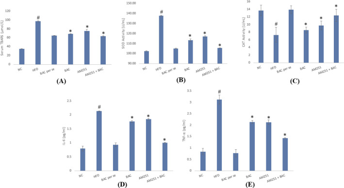Portrays the effect of BAC and AM251 on serum TBARS (A), SOD activity (B), CAT activity (C), IL-6 (D), and TNF-α (E). All values were expressed as mean ± SD, whereas ‘#’ represents P<0.001 vs Normal Control; ‘*’ represents P<0.001 vs HFD-fed group