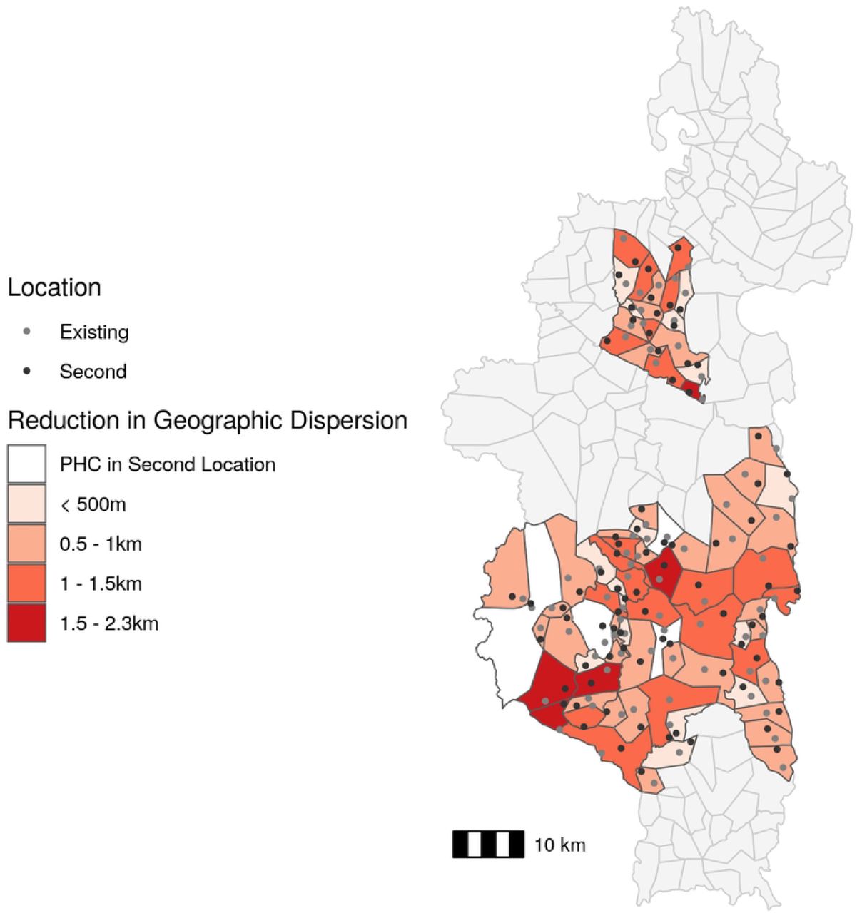 The addition of a second community health site reduces geographic dispersion by over 500m for the majority of fokontany.Absolute change in CHW geographic dispersion following addition of a second site in an optimal location compared to current geographic dispersion. The fill color represents the reduction in geographic dispersion and points represent existing site locations (gray) and second site locations (black). CHW: community health worker, PHC: primary health center. Data Sources: MMoPH (administrative boundaries), Pivot (health center locations), OpenStreetMap (transportation routes, buildings). All maps have been created from spatial datasets using the R programming language.