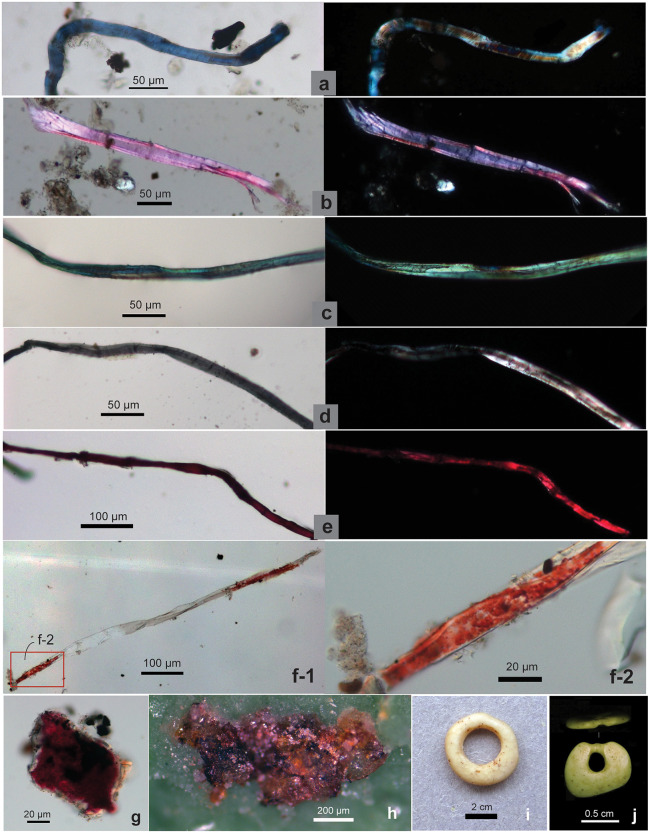 Dyed and pigmented fibers, hematite powder, and ostrich eggshell beads from SZT.(a–e) Fibers dyed blue, pink, green, black, and red; each fiber image showing in brightfield (left) and polarized (right) views (from SZT29); (f) red hematite pigment attached to a fiber, f-2 is an enlarged view of the left end of f-1; (g) hematite pigment attached to an unknown object; (h) hematite powder on PVS sample (f–h from 29-GS3); (i) ostrich eggshell bead showing red pigment on surface and perforation (SZT29 Layer 7 Top); (j) bead exhibiting wear traces (from SZT24).