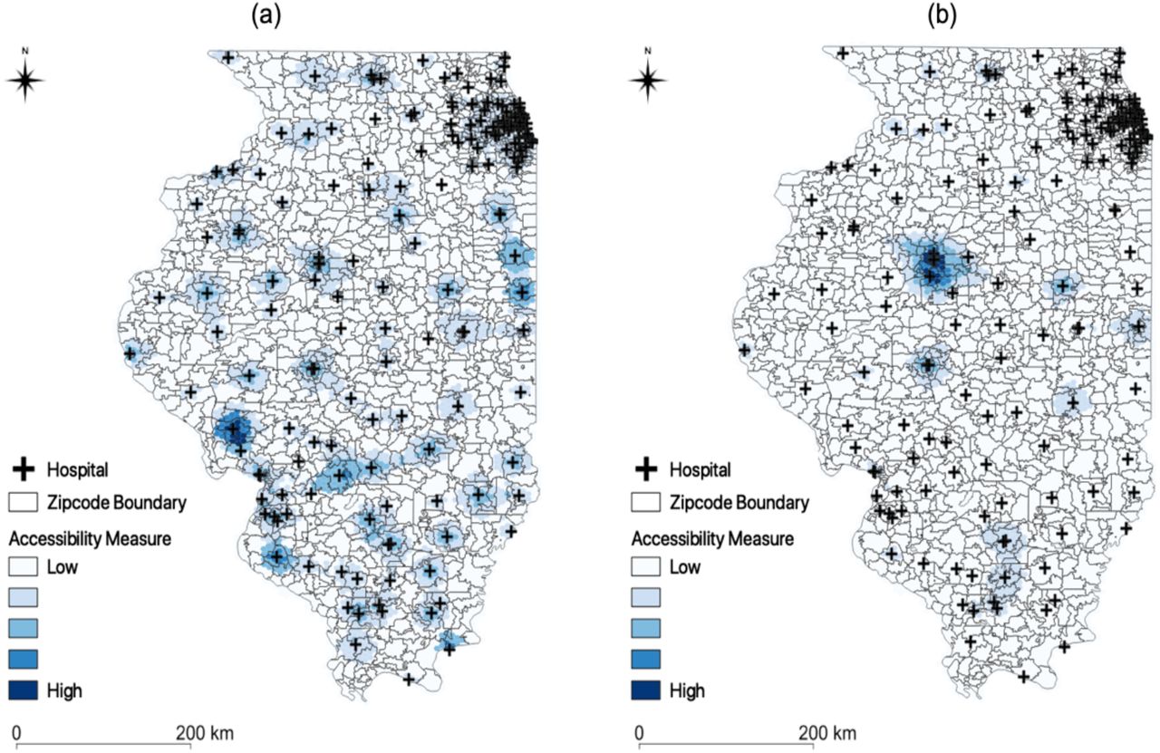 Accessibility measure for Illinois: (a) general population; (b) COVID-19 patients.