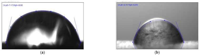 Contact angle image illustration for (a) H/F and (b) NH/NF biocomposites.
