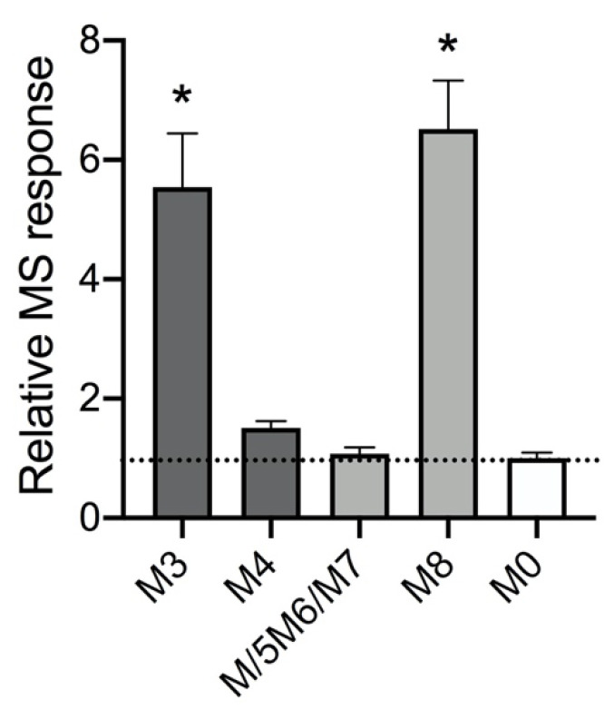Relative MS responses for 5F-APINACA metabolites. We analyzed metabolites from a 200 μM 5F-APINACA reaction as described under Methods and then used values to assess relative MS responses for metabolites. Calculation of the metabolite MS responses involved dividing respective peak areas from the extracted ion chromatograms generated from the total ion scan (Figure A3) by the metabolite concentration as inferred from absorbance. The resulting values for metabolites were then normalized to parent drug response as a measure of their relative variability. This analysis was possible only for metabolites observable by absorbance, i.e., parent (M0) in white, primary metabolites (M5/M6/M7 and M8) in light gray, and secondary metabolites (M3 and M4) in dark gray. For each metabolite, values reflect data from six replicates. Statistical differences among final responses were then calculated using ordinary one-way ANOVA analysis comparing metabolite responses to parent (M0) yielding a p value of <0.0001 and indicated by asterisks (*).