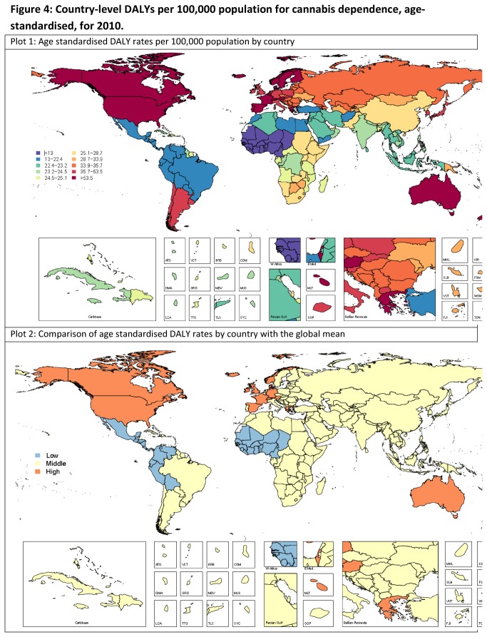 Country-level DALYs per 100,000 population for cannabis dependence, age-standardised, for 2010.Note. Low: shows countries with statistically lower DALY rates than global mean; Middle: Shows countries with DALY rates that are not statistically different to global mean; High: Shows countries with statistically higher DALY rates than global mean.