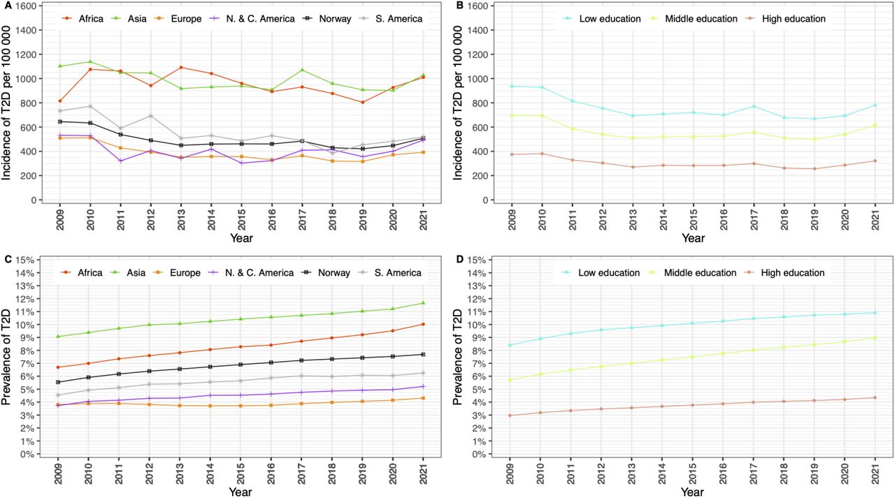 Type 2 diabetes incidence rate per 100 000 (top row; A & B) and prevalence (bottom row; C & D), grouped by left column: birth region (green triangle = Asia, red circle = Africa, black square = Norway, grey asterisk = South America, filled orange square = Europe (without Norway), purple cross = North and Central America), and by right column: years of education. Higher level of education corresponded to >13 years (salmon circle), middle level of education to 11-13 years (green square), and lower level of education to <11 years (light blue triangle). Oceania as birth region was not included due to too few observations.