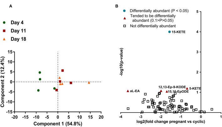 Lipids in the CL during the estrous cycle and early pregnancy (N = 4/group). (A) Principle component analysis, with each point representing one sample from the lipid profiling experiment. Samples from day 4 are represented with a green circle, samples from day 11 are represented with a red square, and samples from day 18 are represented by an orange triangle. Distance apart on principle components 1 and 2 is a proxy for overall similarity in lipid abundance profile, with closer points being more alike. (B) Volcano plot of all lipids measured in the CL on day 18 of the estrous cycle and pregnancy. Each lipid is represented by a point, with the lipids that did not change represented with an open square, the lipids that tended to change represented by an orange triangle, and the lipids that changed (P < 0.05) represented by a teal circle. Magnitude of statistical significance is represented in the y-axis, while numerical fold change is represented on the x-axis, with lipids that were greater during the CL of the estrous cycle on the left and lipids that were greater in the CL of pregnancy on the right.