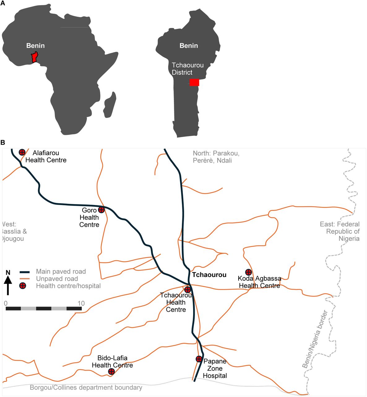 Geographical location of the district of Tchaourou in Benin.(A) The Tchaourou district in situated in the central region of Benin in Sub-Saharan Africa. (B) The district includes several health centres and is traversed by two principal paved roads.