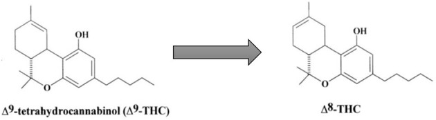Conversion of Δ9-THC to Δ8-THC. Adapted with permission from Elsevier, Mechoulam, R. and L. Hanuš (2002). “Cannabidiol: an overview of some chemical and pharmacological aspects. Part I: chemical aspects.” Chemistry and physics of lipids 121(1-2): 35-43. https://doi.org/10.1016/S0009-3084(02)00144-5.