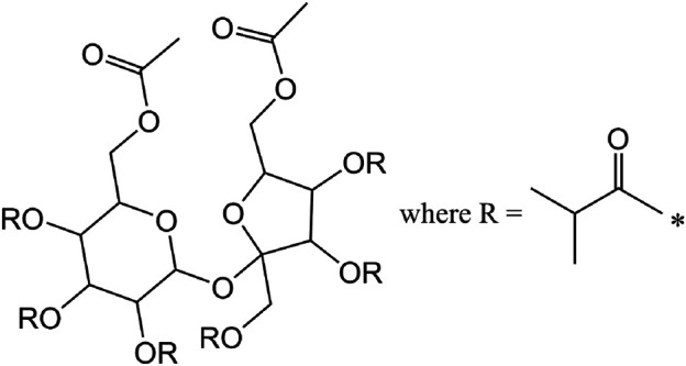 Common representation of SAIB as sucrose diacetate hexaisobutyrate ignoring the variations in the numbers of acetate and isobutyrate moieties and their positions.