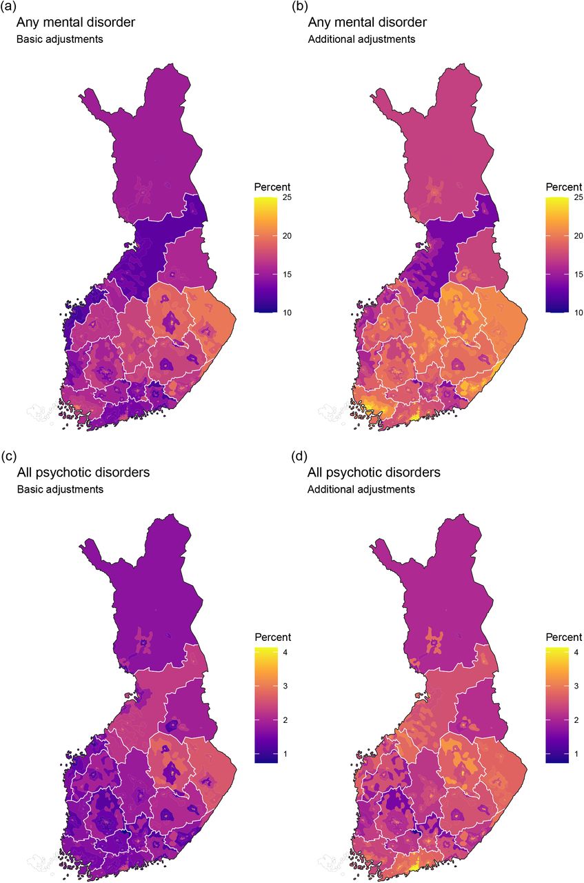 Average marginal effects of region of residence and urbanicity on the prevalence of any mental disorder and all psychotic disorders(a) any mental disorder, basic adjustments, (b) any mental disorder, additional adjustments, (c) all psychotic disorders, basic adjustments, and (d) all psychotic disorders, additional adjustments. Predicted prevalence in each region-urbanicity subregion was calculated while holding the other predictors constant as observed. In the basic adjustment, prevalence ratios were adjusted for age, gender, and calendar time. In the additional adjustment, prevalence ratios were adjusted for age, gender, calendar time, origin, residence history, household income, economic activity, and Charlson comorbidity index.