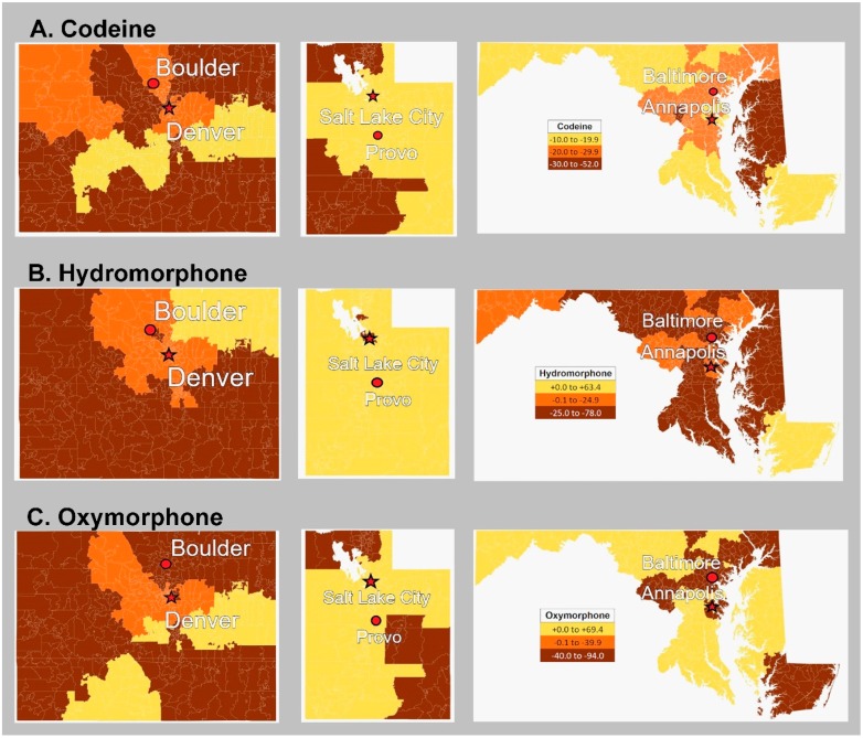Percent change by three-digit zip code from 2012 to 2017 in codeine (A), hydromorphone (B), and oxymorphone (C) as reported to the Drug Enforcement Administration’s Automated Reports and Consolidated Ordering System in Colorado, Utah, and Maryland, respectively.