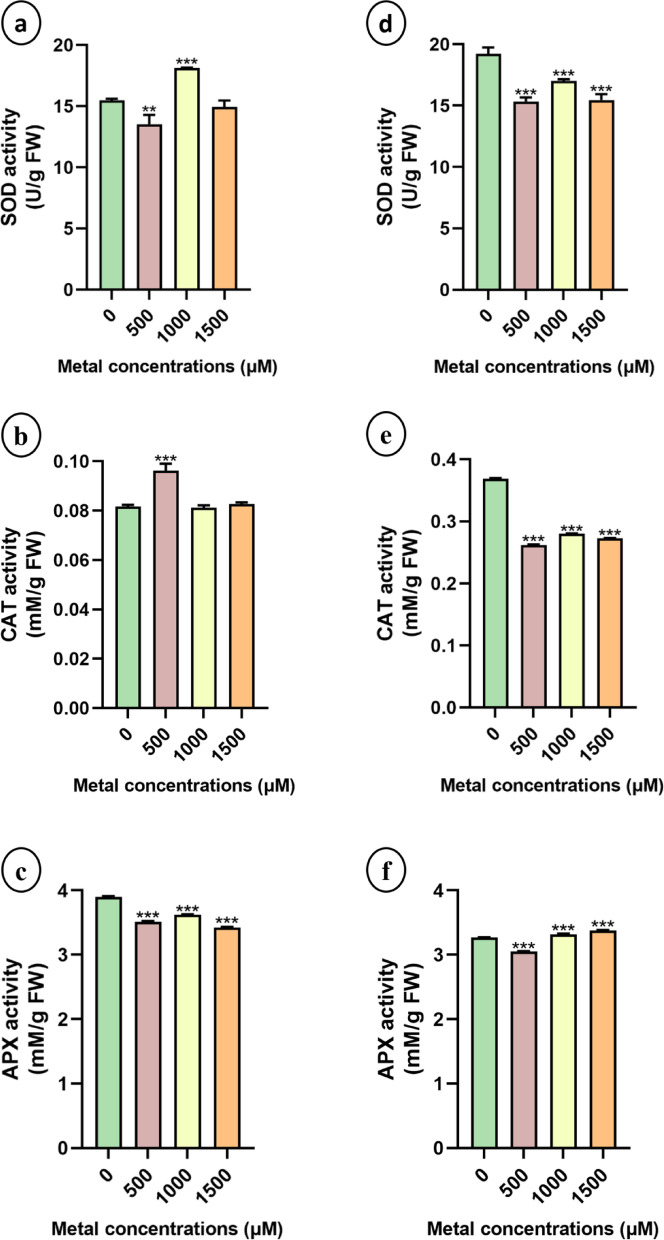 Superoxide dismutase (SOD), Catalase (CAT) and Ascorbate peroxidase (APX) activity from leaf tissues during the growth of sunn hemp (a-c) and napier grass (d-e) plants under Li treatment. Data are expressed as mean ± SD. Significant differences were determined using ANOVA and Dunnett’s test (*p < 0.05, **p < 0.01, ***p < 0.001).