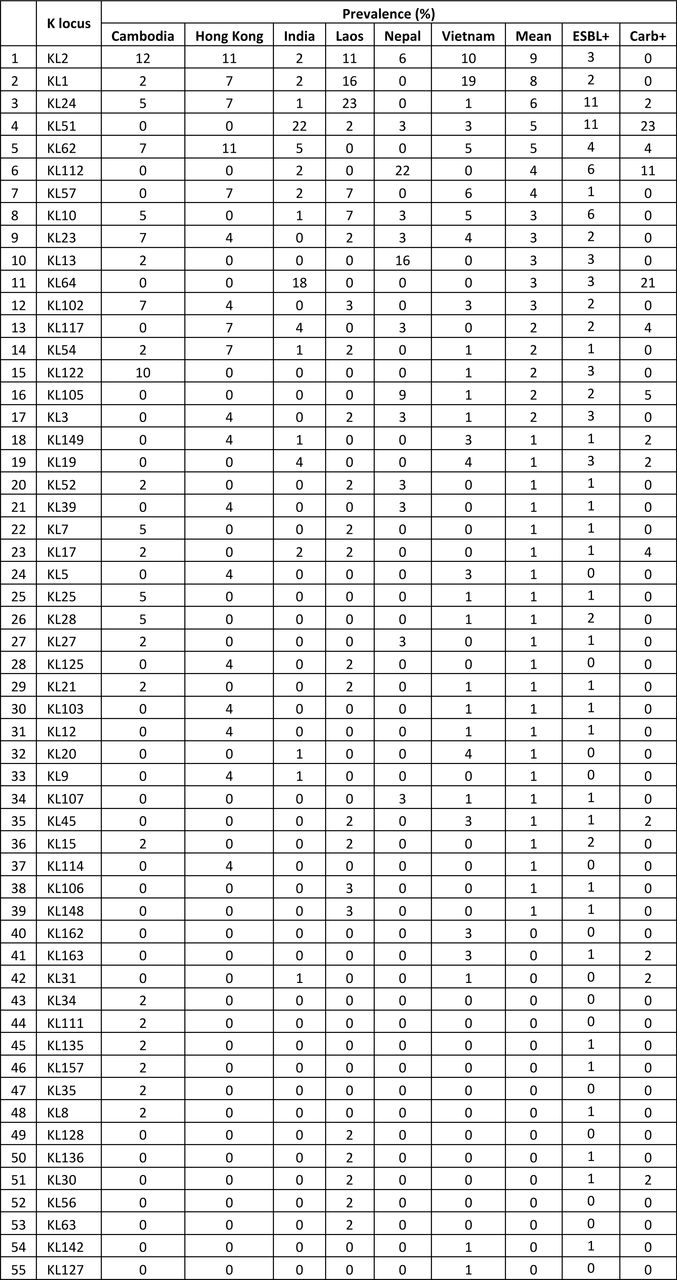 K locus prevalence among K. pneumoniae sensu stricto.K-loci are ordered by highest to lowest mean prevalence across all sites. Note that the Thai site is excluded from these calculations due to small sample size (n=4). Unk; unknown.