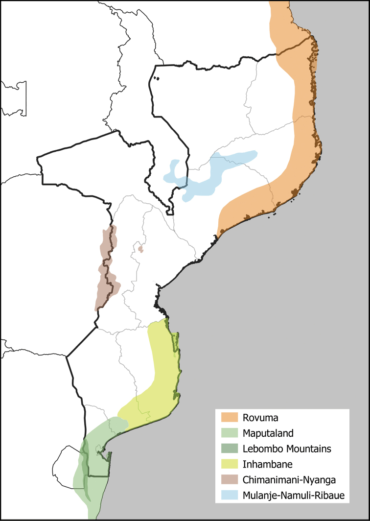 Cross-border Centres of Plant Endemism in Mozambique. Note that the boundaries of these Centres of Endemism are only intended to be indicative; further research is required to more accurately delimit these centres. The two montane Centres (Chimanimani-Nyanga and Mulanje-Namuli-Ribaue) are drawn as continuous blocks for clarity, but in reality they are a discontinuous series of peaks.