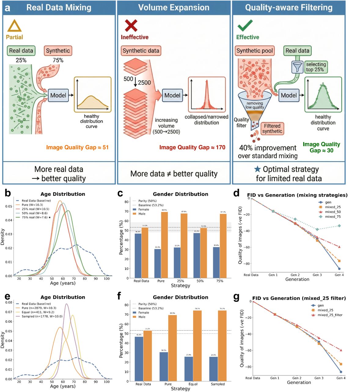 Efficacy of mitigation strategies in countering degradation driven by AI-generated data contamination.a, Comparative efficacy of mitigation paradigms. Schematic comparison of three strategies applied during self-referential training: real-data mixing, synthetic volume scaling, and quality-aware filtering. Real-data mixing (Strategy 1) effectively preserves the target distribution, with fidelity improving in proportion to the authentic data fraction. In contrast, simply expanding synthetic sample volume (Strategy 2) fails to arrest degradation, yielding severely degraded distributions. Quality-aware filtering (Strategy 3) enhances efficiency by selecting high-fidelity synthetic samples, achieving distributional alignment comparable to higher real-data budgets. b–d, Restoration of diversity via real-data mixing. Analysis of Generation 4 cohorts reveals that increasing the proportion of authentic data (25% to 75%) effectively counters the narrowing of age distributions (b) and the skew toward male dominance (c) observed in pure synthetic training. Corresponding FID trajectories (d) confirm that mixing authentic data attenuates the loss of visual fidelity across generations.e,f, Inefficacy of synthetic volume scaling. Merely expanding the volume of synthetic training data fails to prevent the erosion of age diversity (e) or the persistence of gender bias (f), confirming that increasing data quantity cannot compensate for contaminated quality. g, Efficiency of quality-aware filtering. FID trajectories demonstrate that filtering synthetic data for quality improves model stability relative to standard unfiltered mixing, achieving superior fidelity even at a restricted (25%) real-data budget.