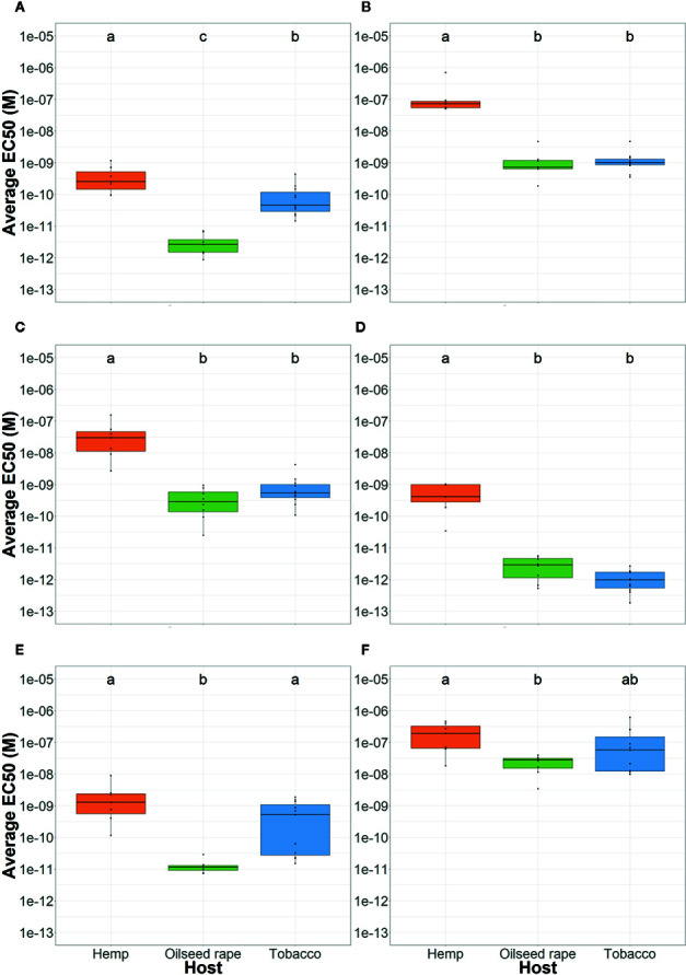 Average P. ramosa seed sensitivity per sampled host of origin. This was measured as the average EC50 per host group (orange: hemp, green: oilseed rape, blue: tobacco) in response to (A) (+)-GR24, (B) (-)-GR24, (C) (+)-2’-epi-GR24, (D) (-)-2’-epi-GR24, (E) (±)-GR24, and (F) 2-PEITC. For each seed sample, germination stimulant (GS) molecules were tested in triplicates. Different lowercase letters represent statistically different groups (Anova with post-hoc Tukey, p-value < 0.05).