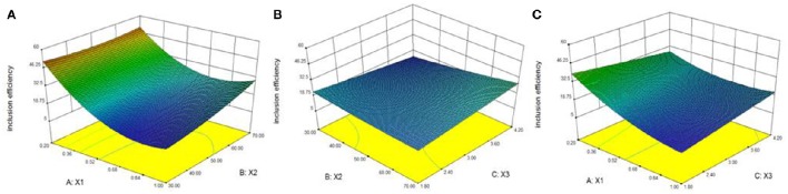 Response surface plots showing effects of material inputting ratio (X1), reaction temperature (X2), and reaction time (X3) on inclusion efficiency. The inclusion efficiency of inclusion complex increased when X1 and X3 decreased while X2 increased. (A) Effects of X1 and X2 on inclusion efficiency. (B) Effects of X2 and X3 on inclusion efficiency. (C) Effects of X1 and X3 on inclusion efficiency.