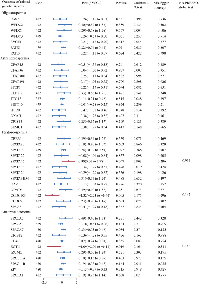 Forest plot of MR estimates between alcohol consumption and semen quality–related genetic aspects. The figure showed the IVW estimates of significantly alcohol consumption-associated semen quality–related genetic aspects (SPATA46, CCDC103, and EQTN). The dots represent the IVW estimates, and the bars represent the 95% confidence intervals of IVW estimates.