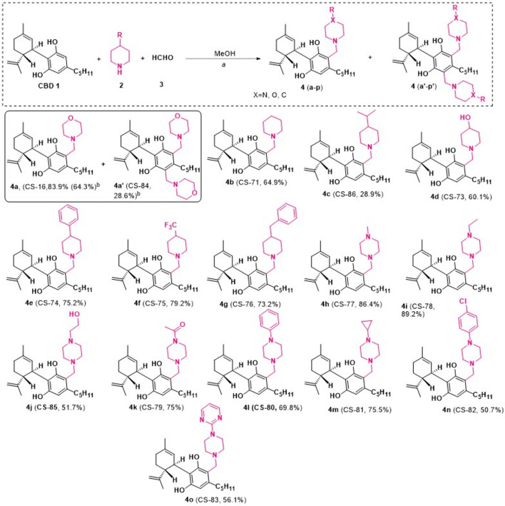 Synthesis of novel CBD-1 analogs. a Reagents and conditions: 1 (0.382 mmol, 120 mg); 2 (0.458–1.146 mmol, 1.2 eq); 3 (37%, 83 µL, 0.840 mmol, 2.2 eq); MeOH (4 mL), room temperature, under nitrogen atmosphere, 15–17 h; b Reaction was performed 3 equivalent of 2, 4 equivalent of 3.