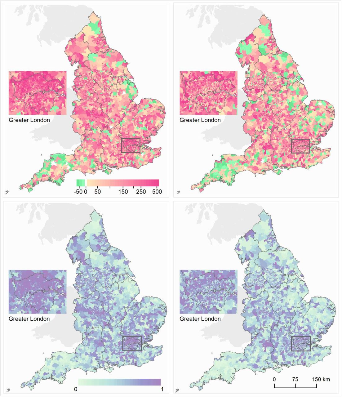 Maps of middle super output areas (MSOAs) in England showing excess deaths per 100,000 people aged 40 years and over.(A) Excess deaths per 100,000 males (left)/females (right) from 1 March to 31 May 2020 compared to the same period for the preceding five years. (B) Posterior probability that excess deaths > 0. Community characteristics of the MSOAs were: % population on income support; population density; % population non-White; % population living in overcrowded homes; air pollution (NO2 and PM2.5); care homes per 1,000 population. We map the posterior probability which measures the extent to which an estimate of excess/fewer deaths is likely to be a true increase/decrease. Where the entire posterior distribution of estimated excess deaths for an MSOA is greater than zero, there is a posterior probability of ∼1 of a true increase, and conversely where the entire posterior distribution is less than zero there is a posterior probability of ∼0 of a true increase. This posterior probability would be ∼0.5 in an MSOA in which an increase is statistically indistinguishable from a decrease (Extended Data Table 3).