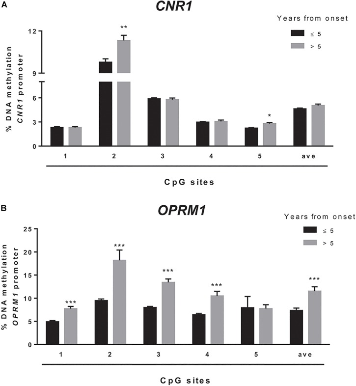 Comparison of the DNA methylation status at human CNR1 (A) and OPRM1 (B) promoters in the obese population stratified based on the years from obesity onset. The bars represent the mean of the % of methylation values of individual CpG sites under study as well as of the average (ave) of the CpG sites ± the SEM. Significant differences are indicated: ∗P < 0.05; ∗∗P < 0.01; ∗∗∗P < 0.001 vs. obese > 5.